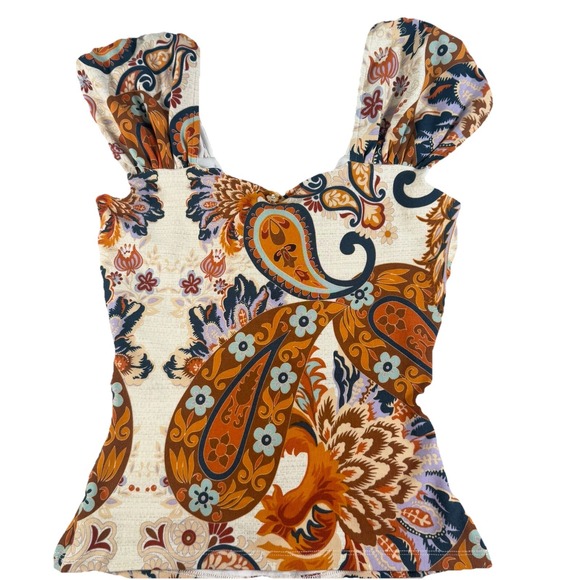 StudioF Babydoll Top Women's Small Gold Blue Floral Y2K 90s Boho Hippie - Picture 4 of 10